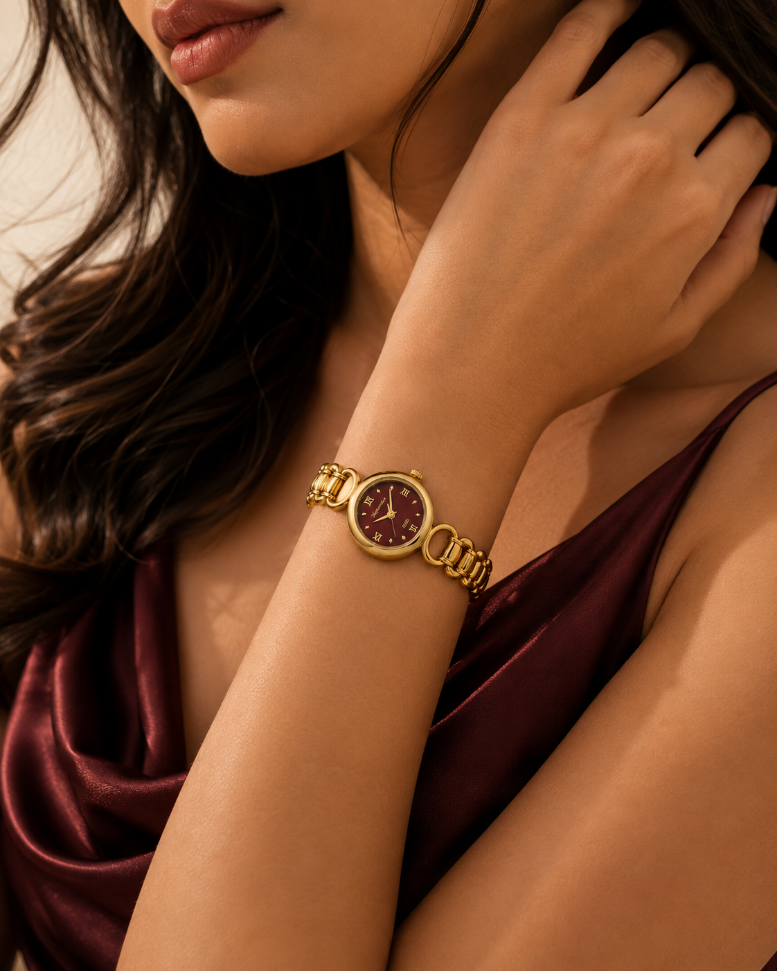 Maroon Dial Gold Link Watch