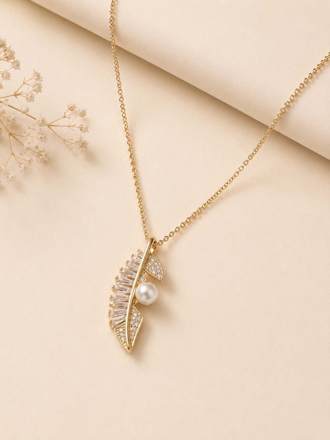 Crystal Pearl Feather Pendant Necklace