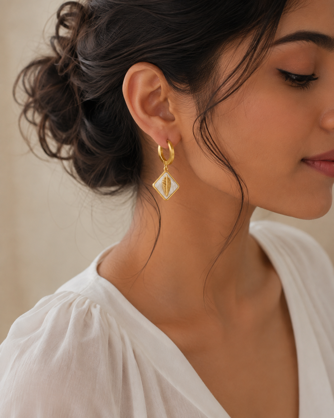White Inlay Leaf Earrings