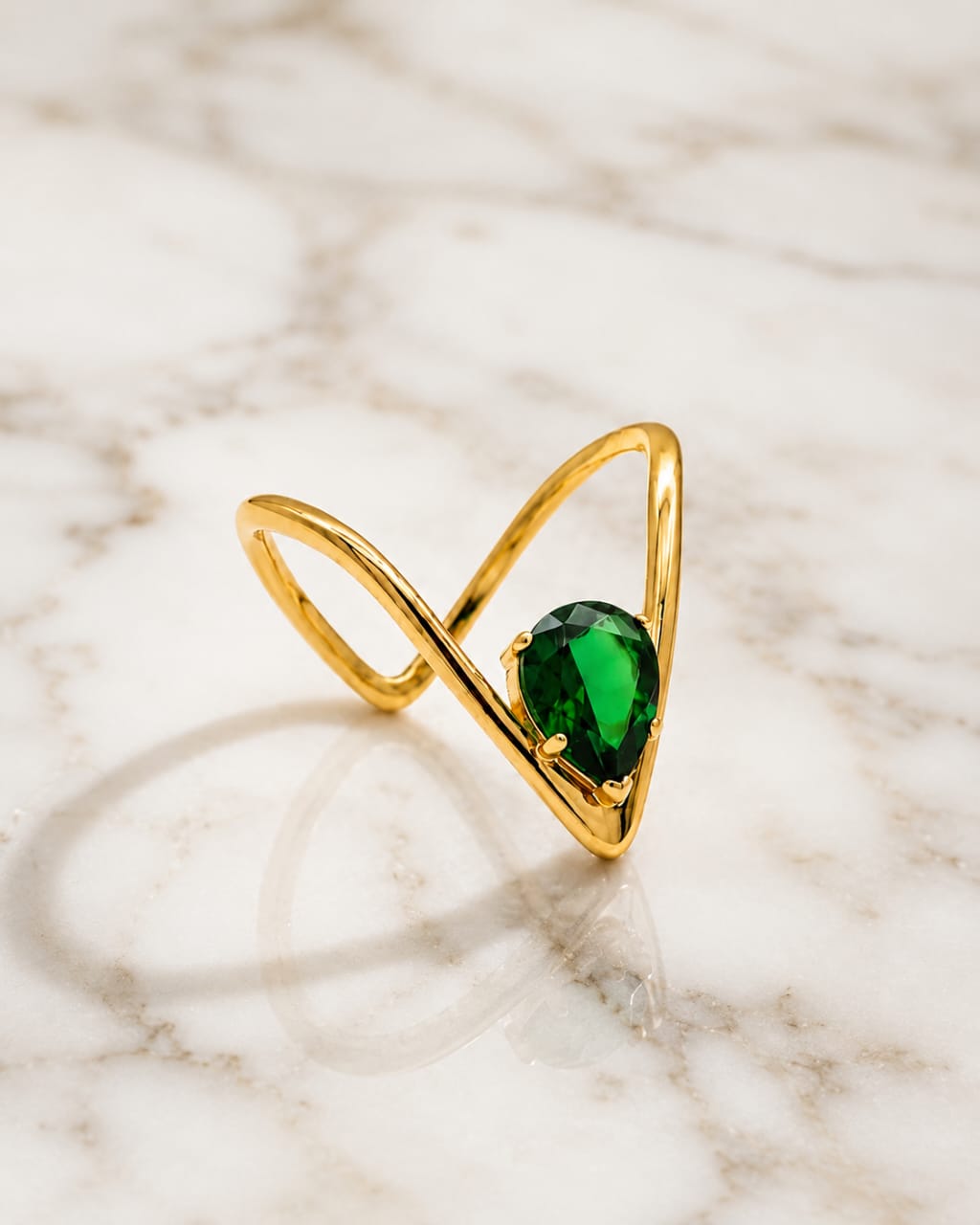Golden V-Shaped Green Gem Ring