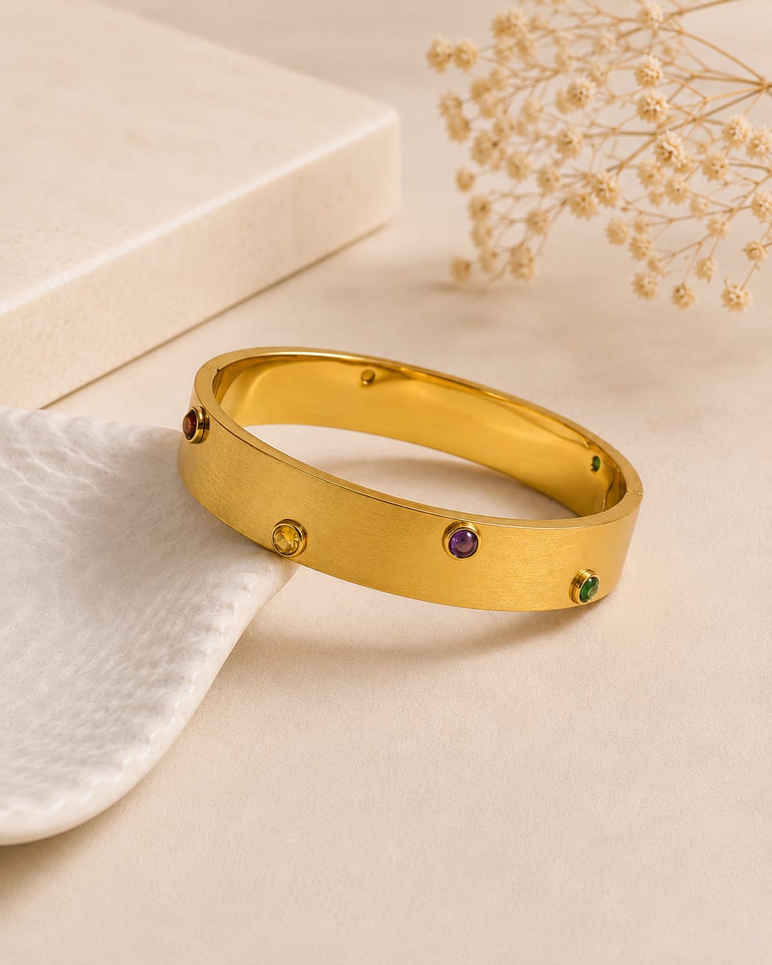 Brushed Gold Multi-Color Stones Bangle