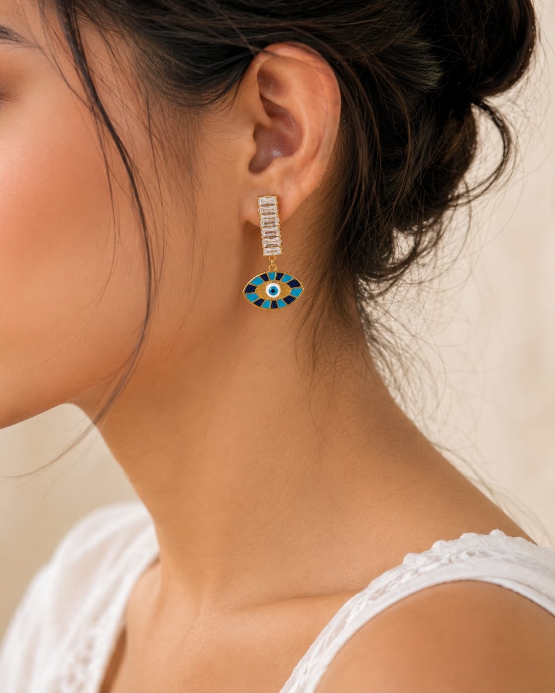 Blue Evil Eye Crystal Drop Earrings