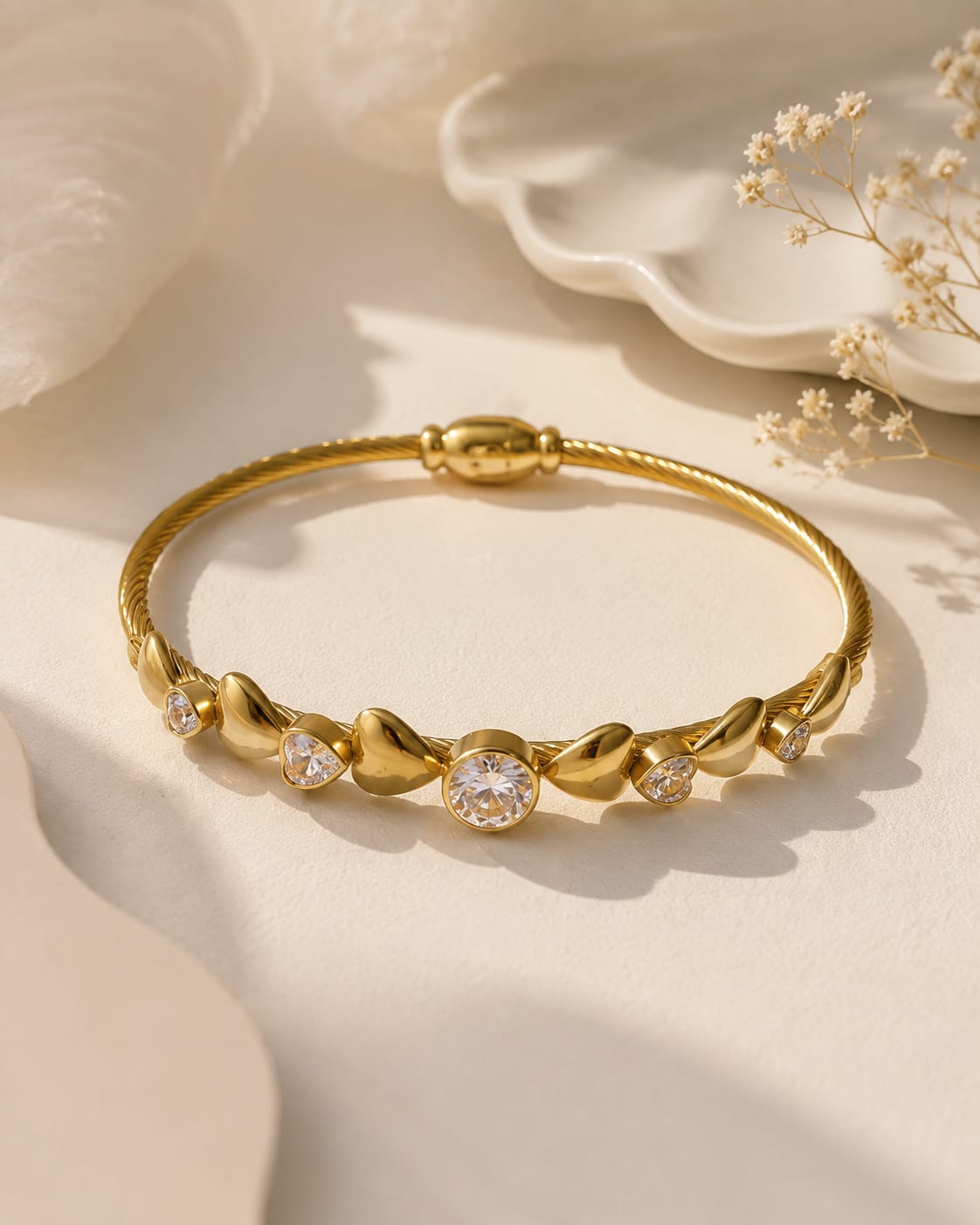 Golden Heart Crystal Bangle Bracelet