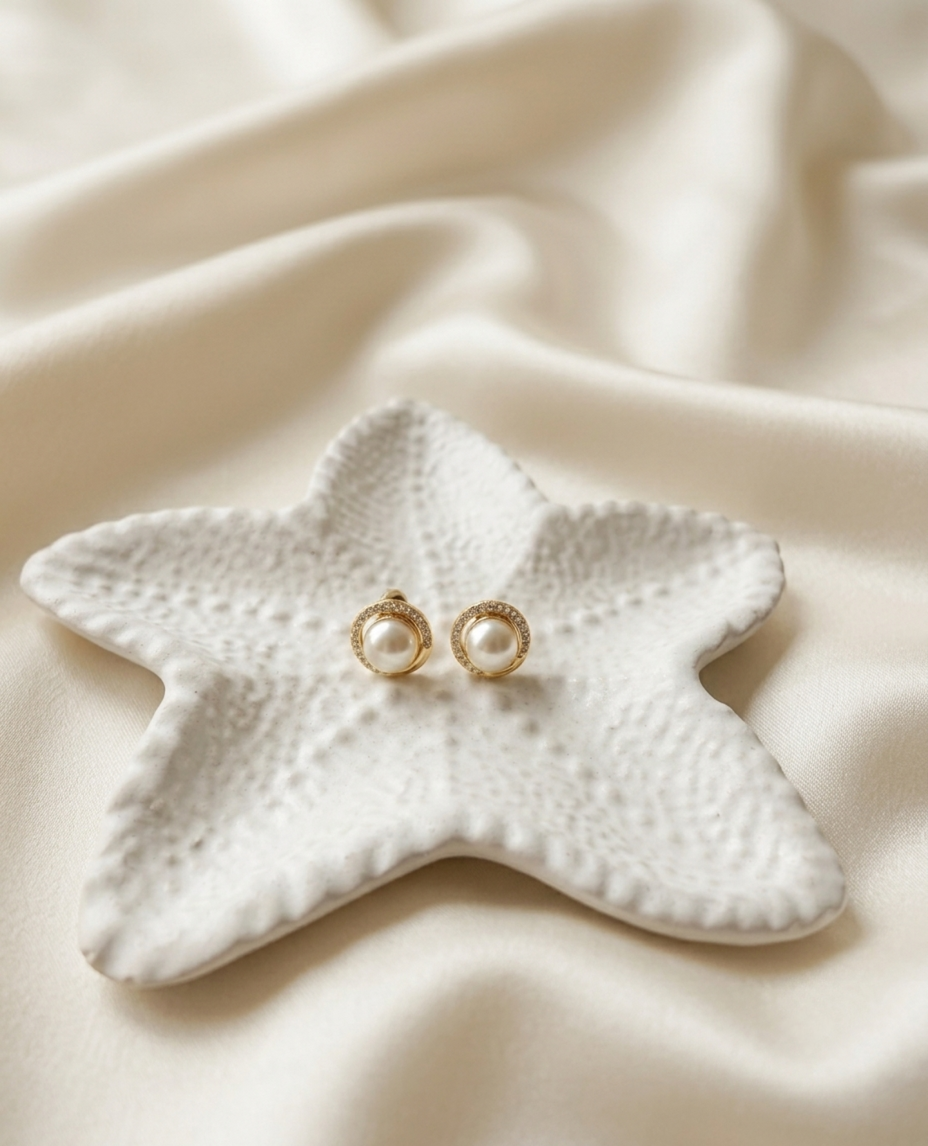 Halo White Pearl Stud Earrings