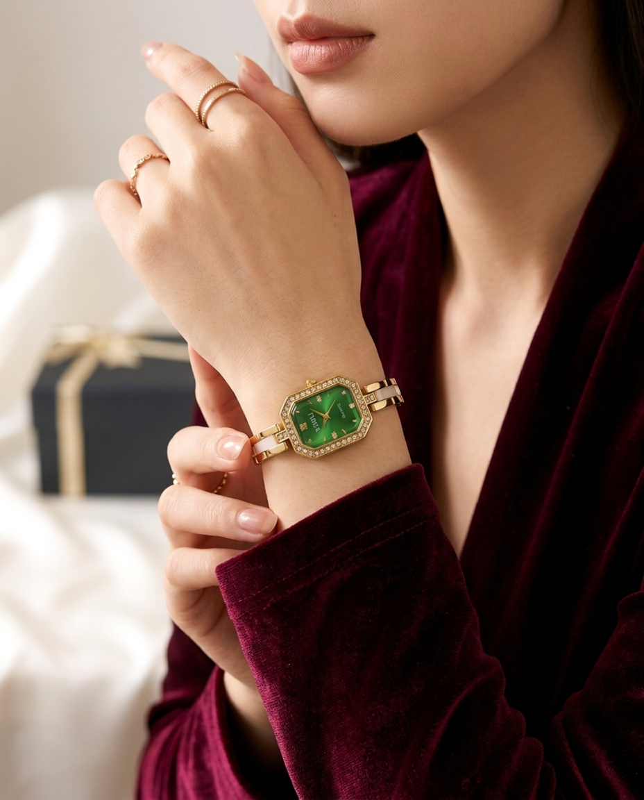 Green Dial Crystal Gold Wrist Watch