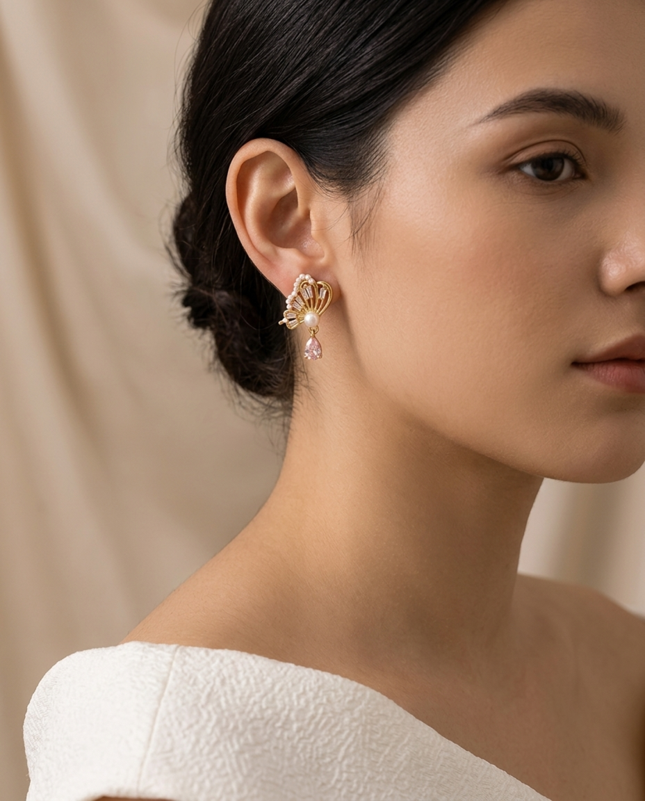 Pink Teardrop Pearl Fan Earrings