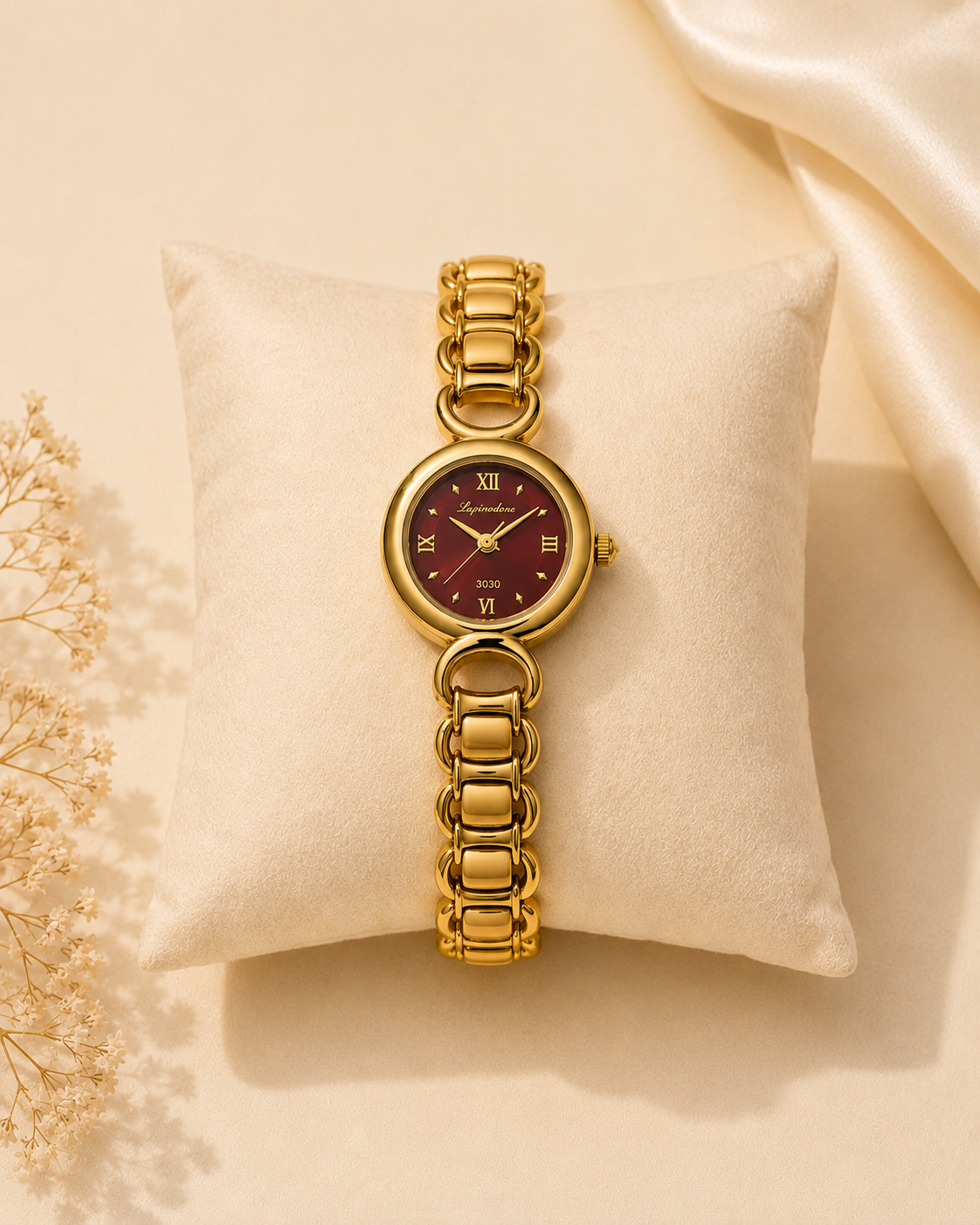 Maroon Dial Gold Link Watch