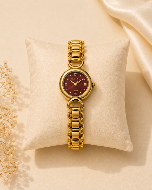 Maroon Dial Gold Link Watch
