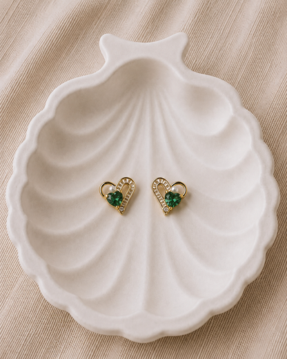 Emerald Green Heart Pearl Earrings