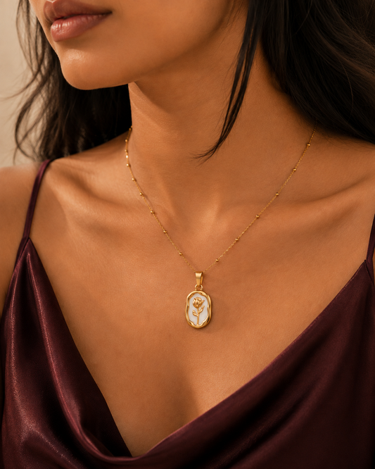 Golden Rose White Oval Pendant Necklace