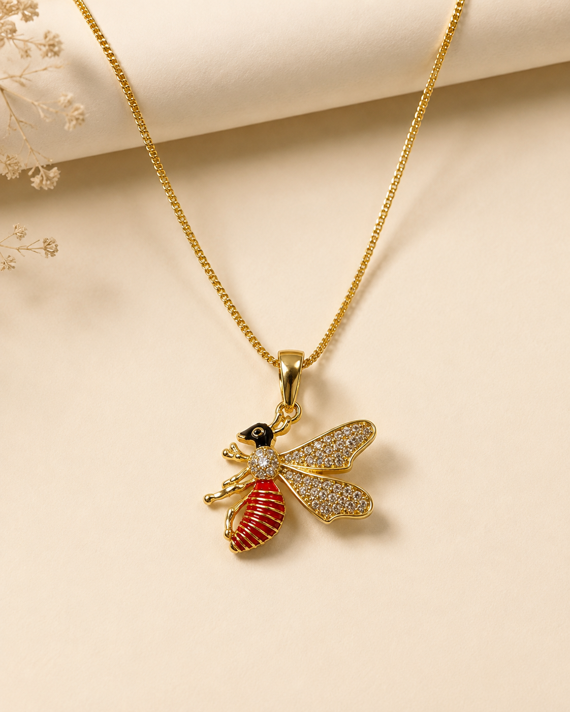 Crystal Wing Bee Pendant Necklace