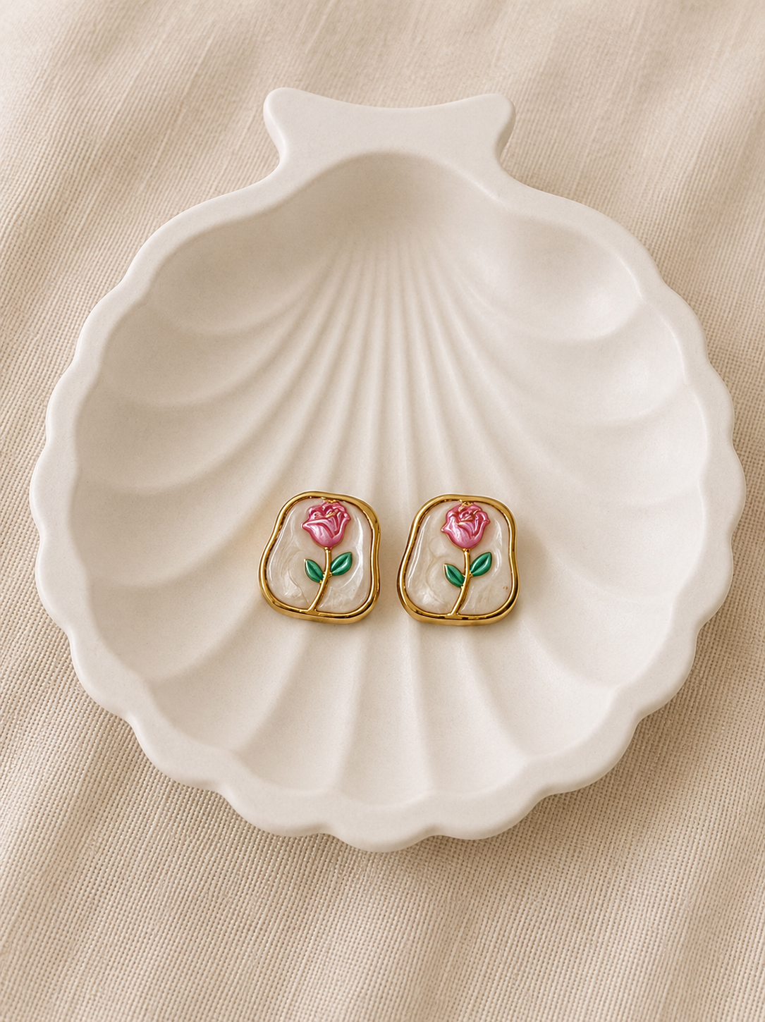 Pink Rose Enamel Stud Earrings