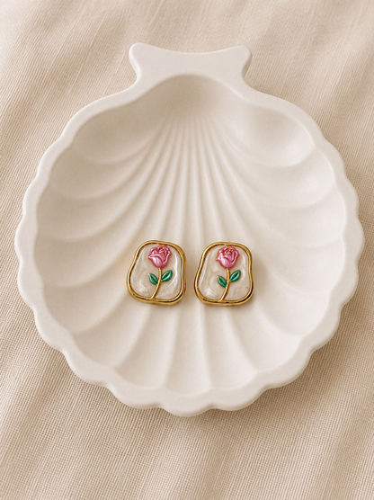 Pink Rose Enamel Stud Earrings