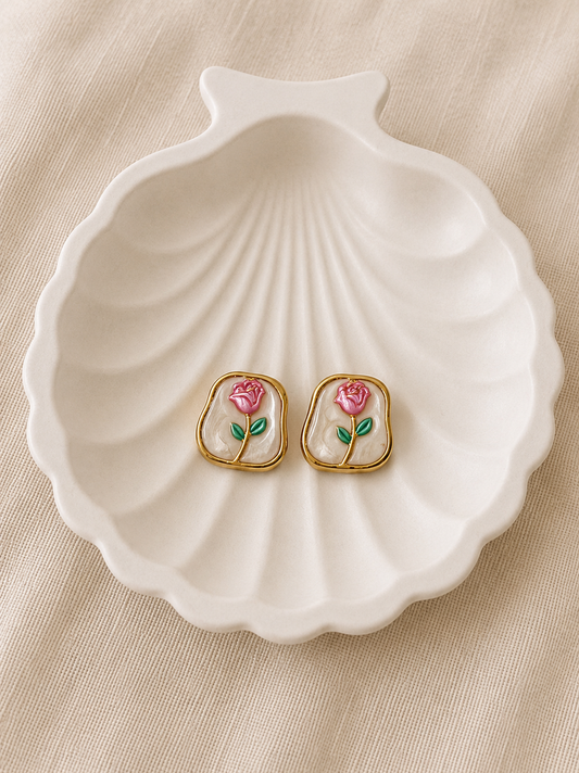Pink Rose Enamel Stud Earrings