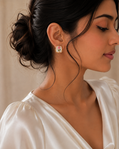 Pink Rose Enamel Stud Earrings