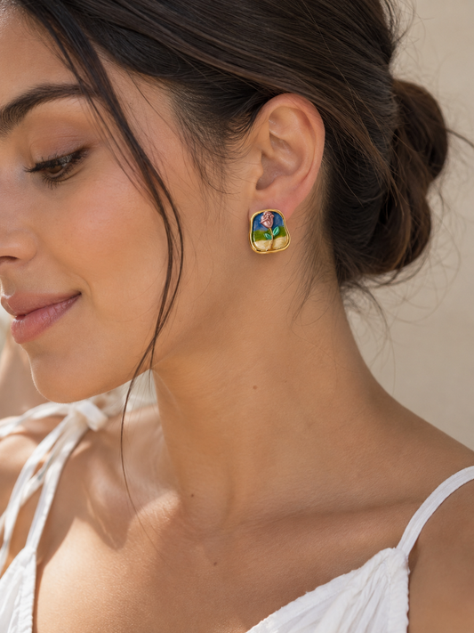 Blue Meadow Rose Enamel Stud Earrings