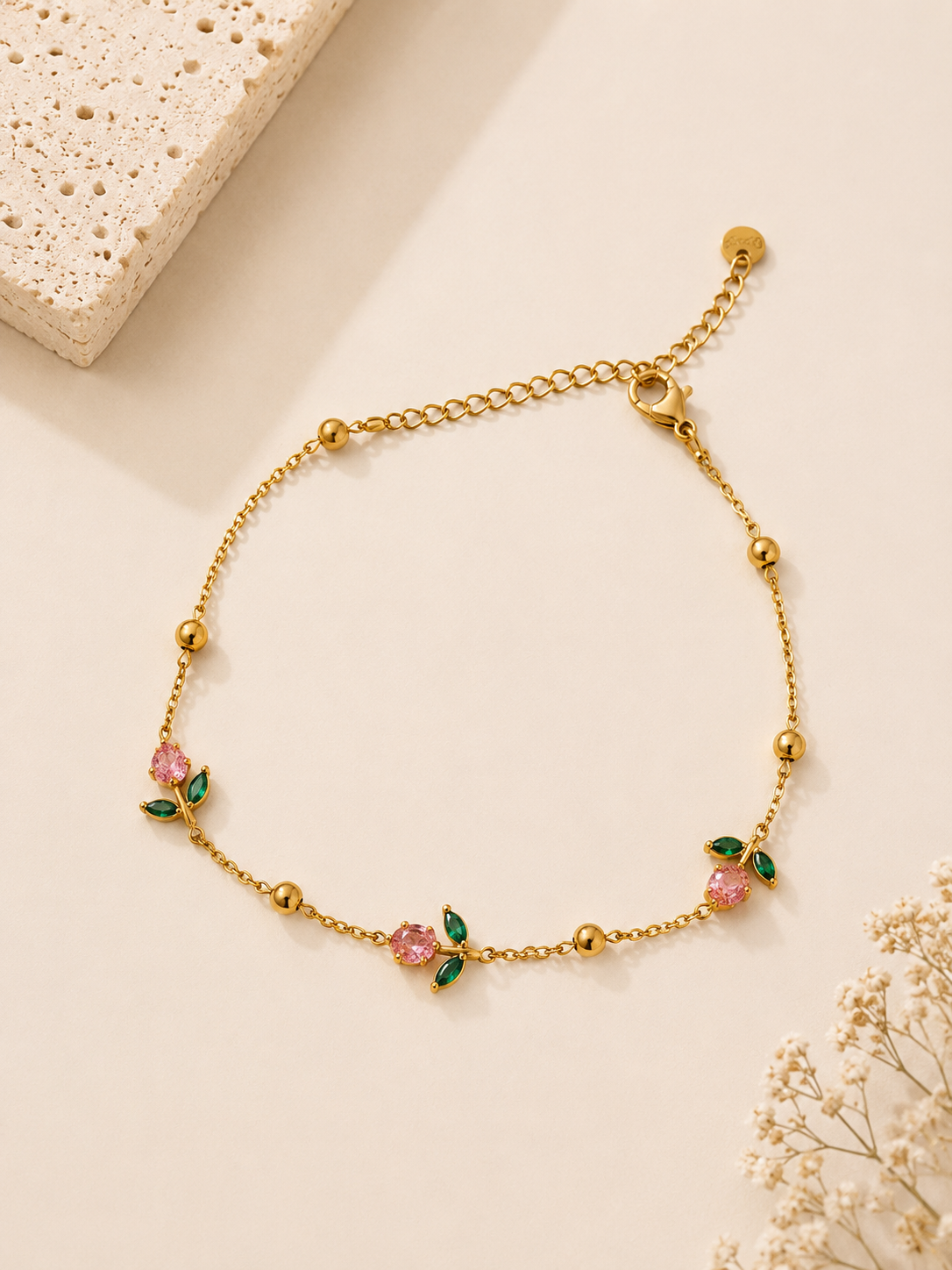 Pink Tulip Golden Bead Anklet