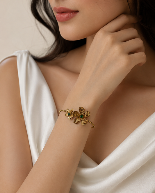 Twin Flora Green Stone Cuff Bracelet