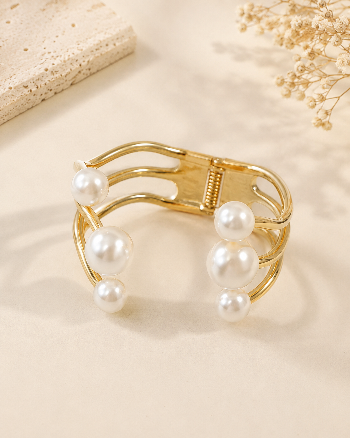 Triple Pearl Gold Open Cuff Bracelet