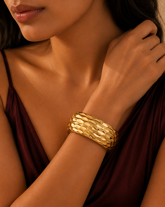 Chunky Wave Textured Gold Cuff Bangle