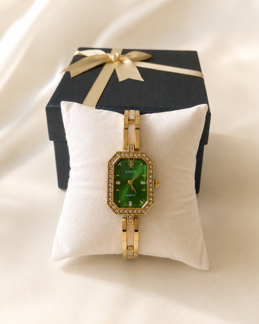 Green Dial Crystal Gold Wrist Watch