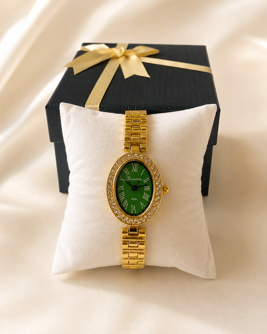 Green Oval Crystal Gold Wrist Watch