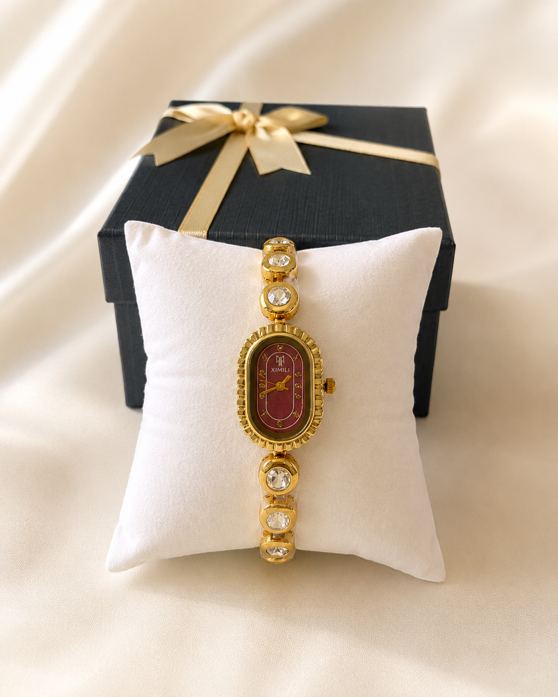 Burgundy Oval Crystal Chain Wrist Watch