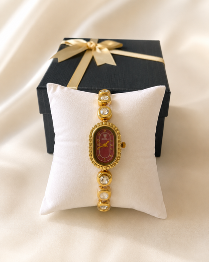 Burgundy Oval Crystal Chain Wrist Watch