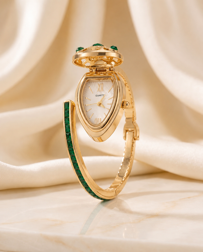 Green Serpent Crystal Gold Wrist Watch