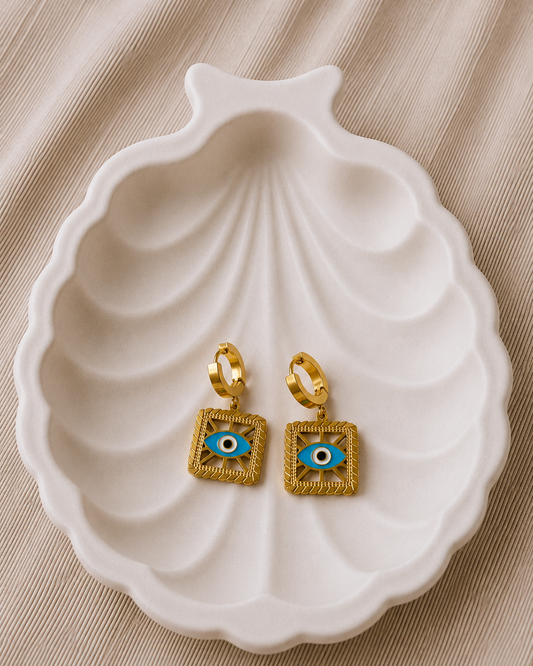 Golden Square Evil Eye Earrings