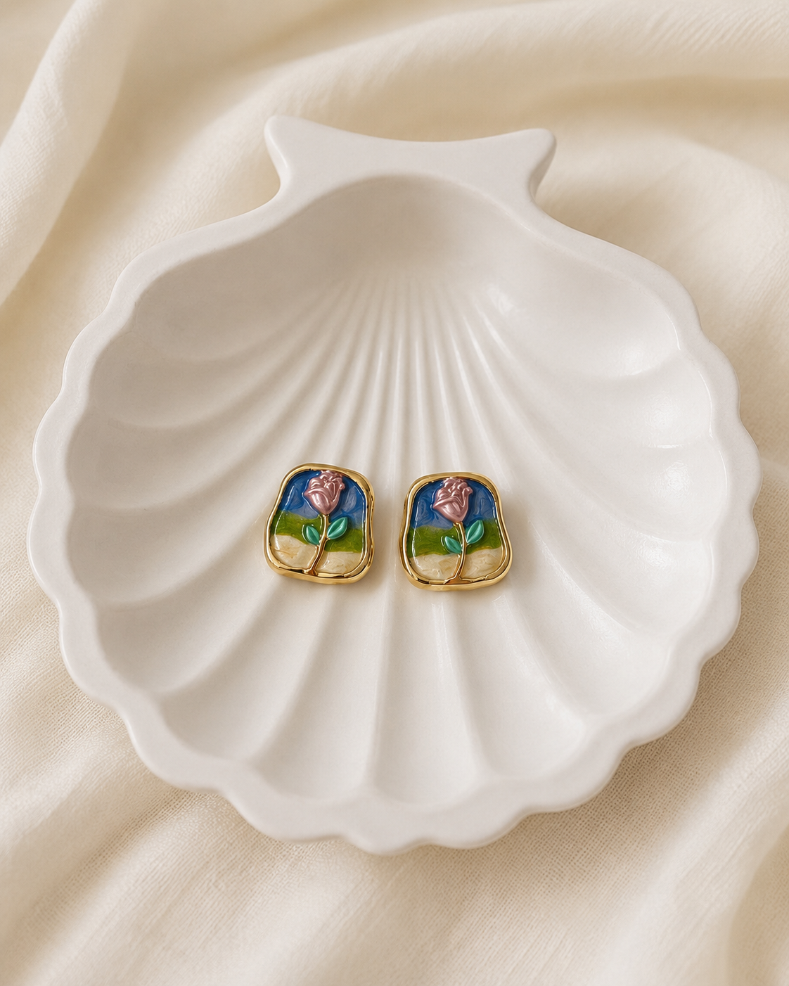 Blue Meadow Rose Enamel Stud Earrings