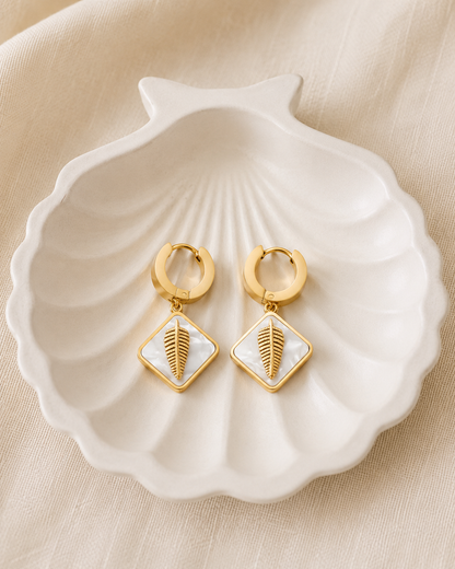 White Inlay Leaf Earrings