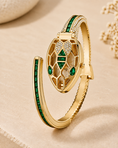 Golden Serpent Green Crystal Watch