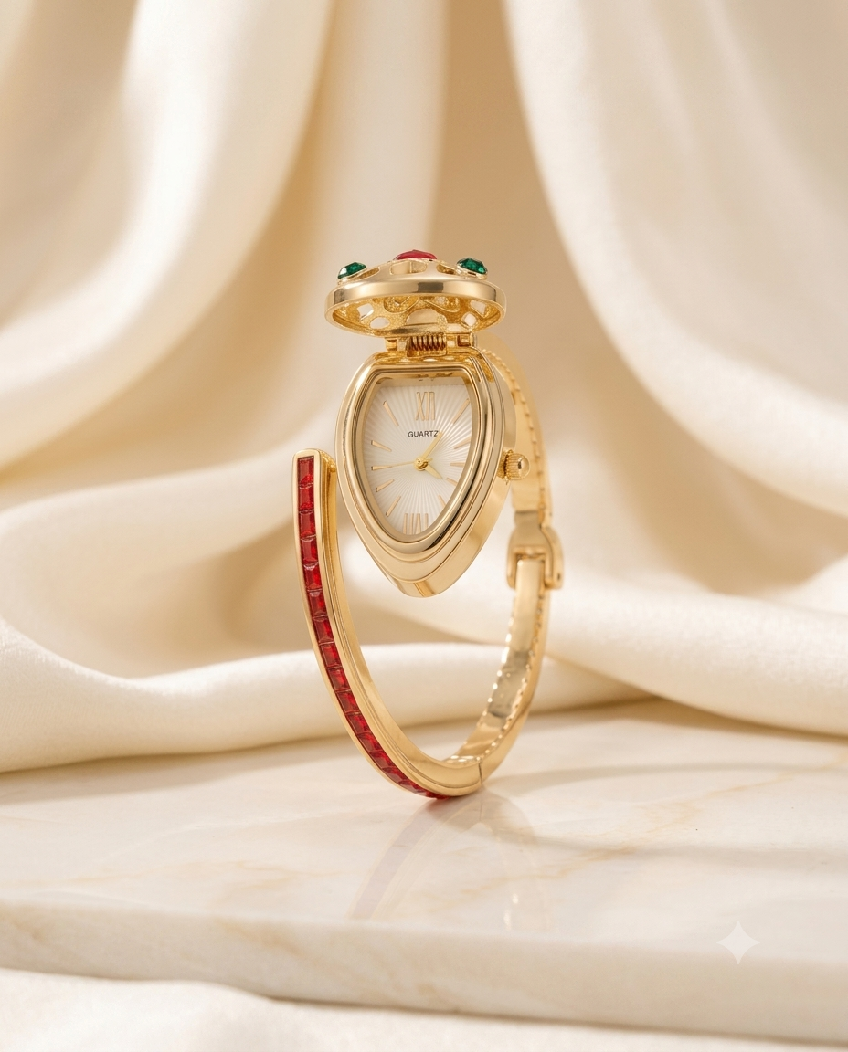 Red Serpent Crystal Gold Wrist Watch