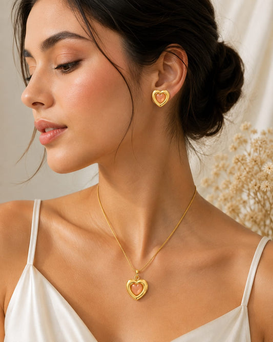 Gold Pink Double Heart Jewelry Set