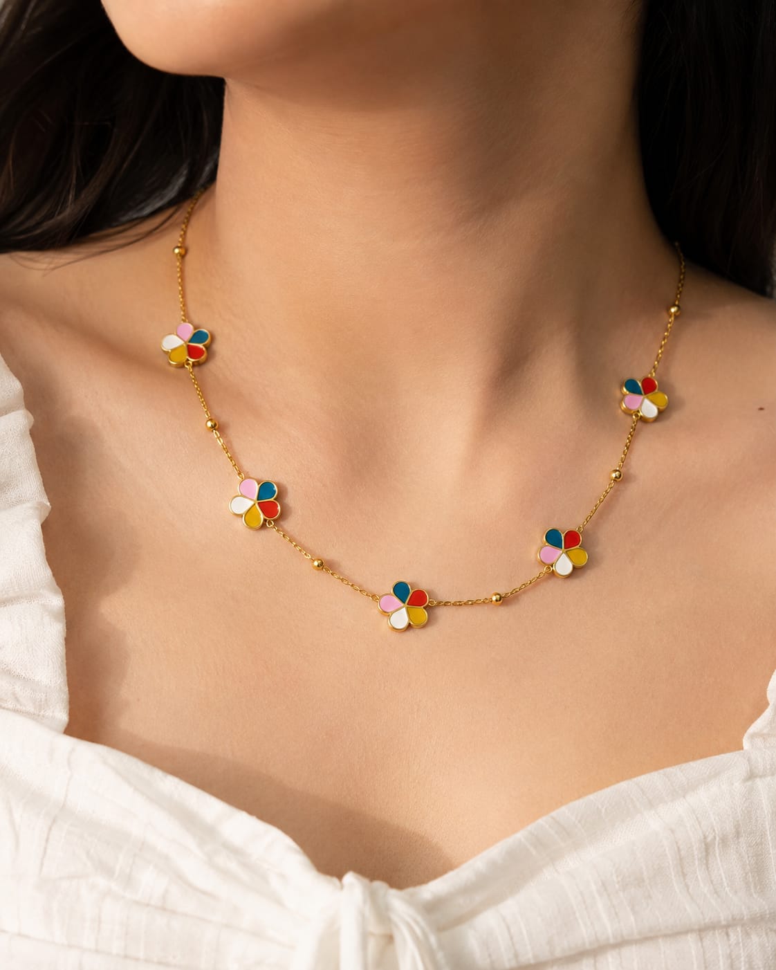 Multicolor Enamel Flowers Necklace