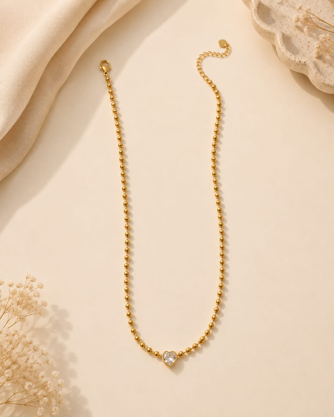 Crystal Heart Beaded Chain Necklace