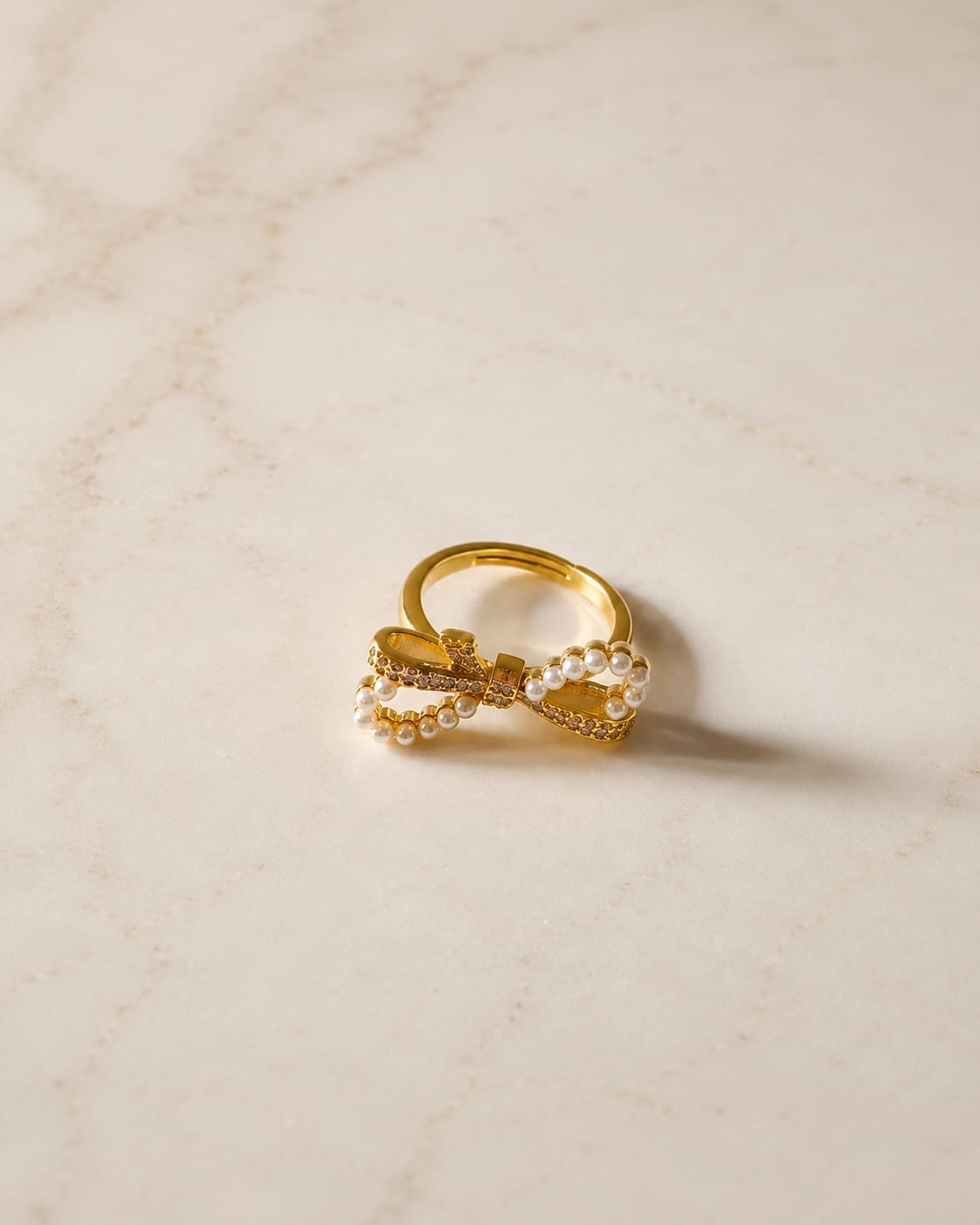 Pearl Crystal Bow Adjustable Ring
