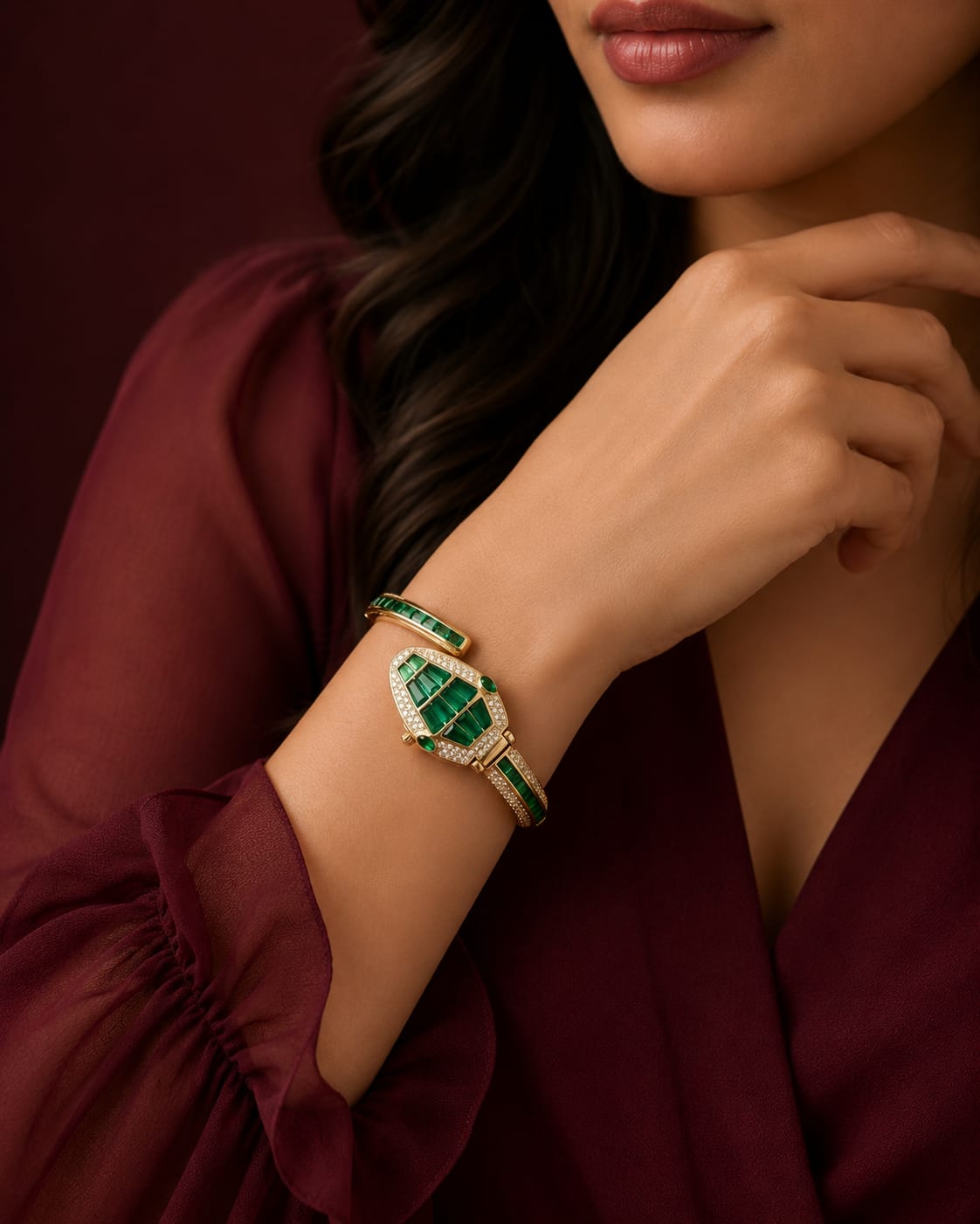 Green Serpent Crystal Gold Wrist Watch