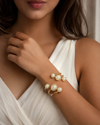 Triple Pearl Gold Open Cuff Bracelet