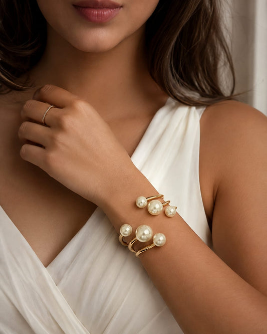 Triple Pearl Gold Open Cuff Bracelet