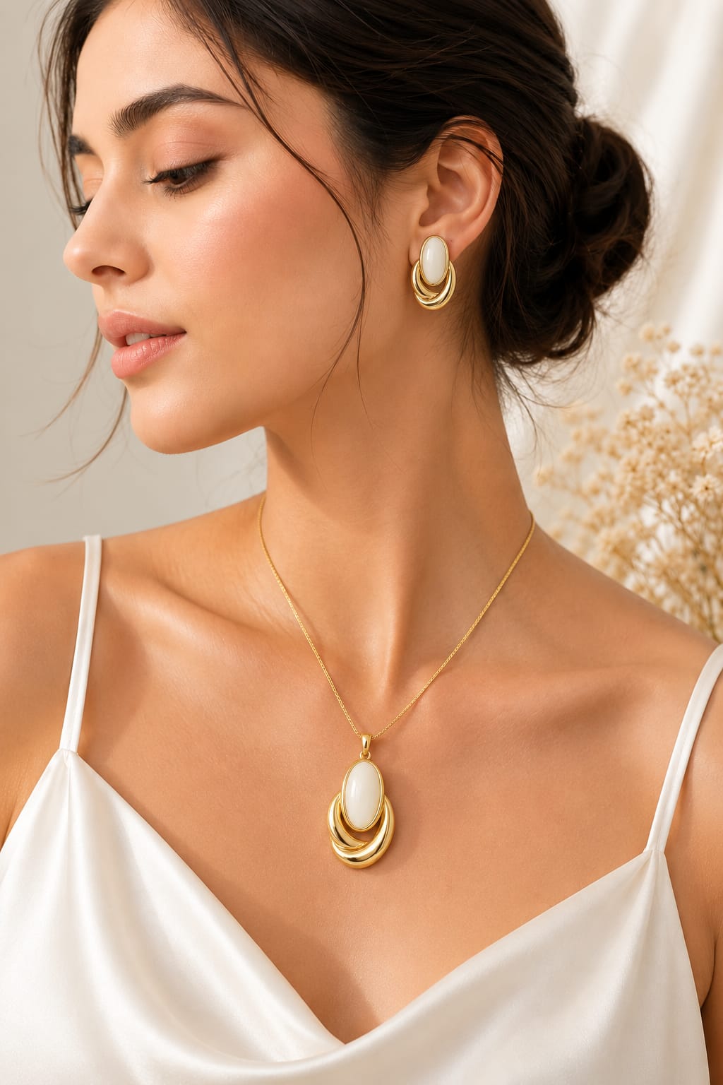 Stylish Oval Pearl Golden Jewelry Set