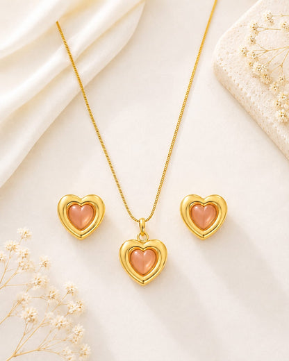 Gold Pink Double Heart Jewelry Set