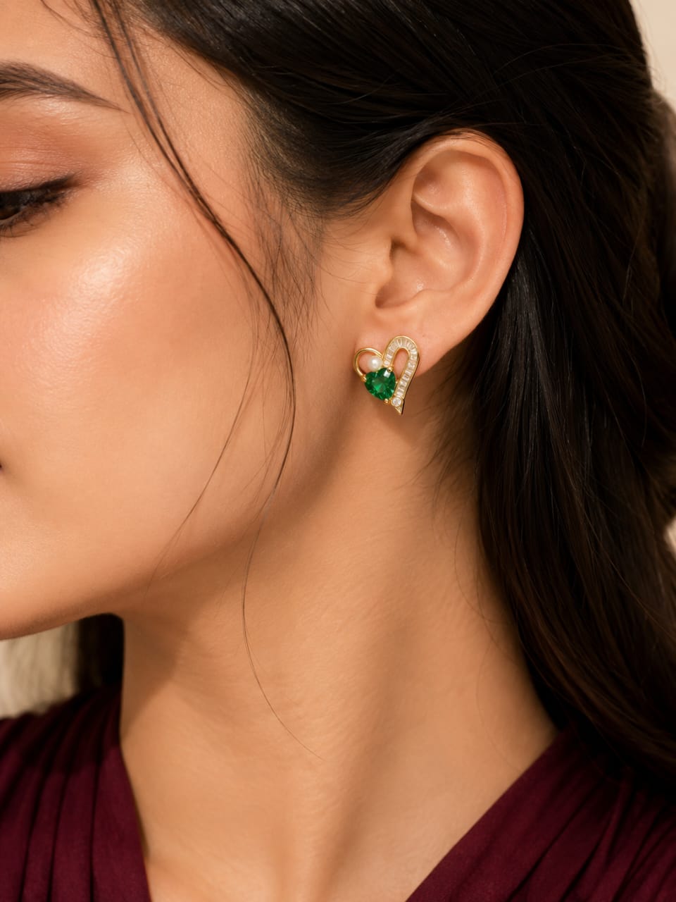 Emerald Green Heart Pearl Earrings