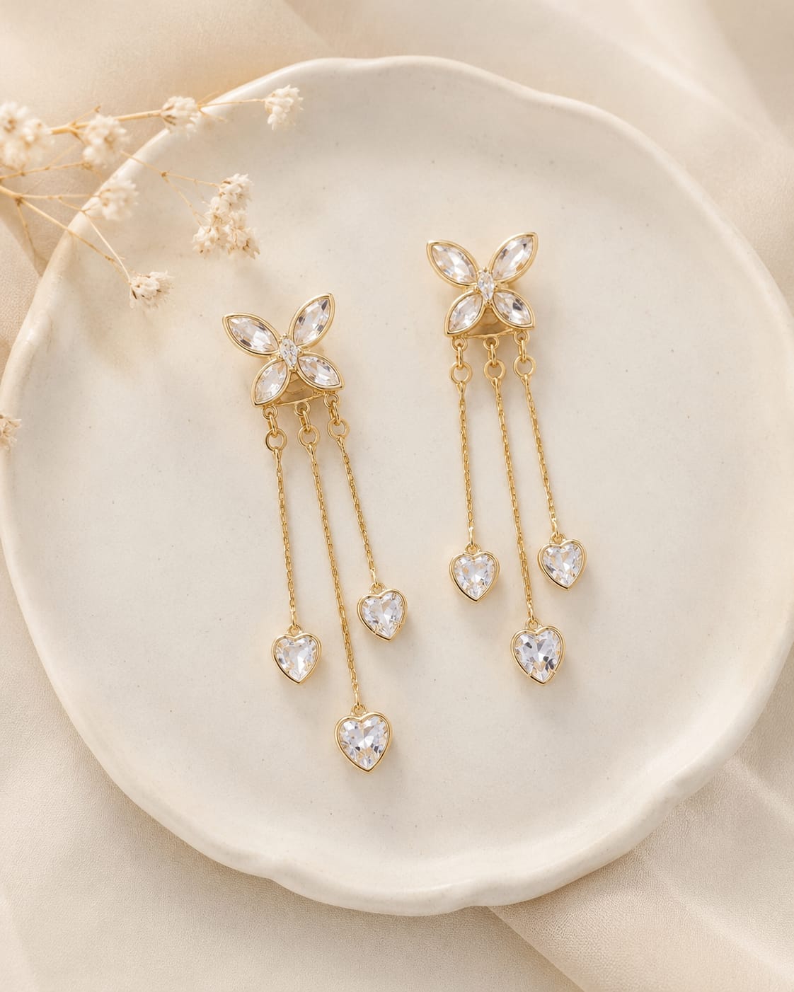 Floral Heart Crystal Cascade Earrings