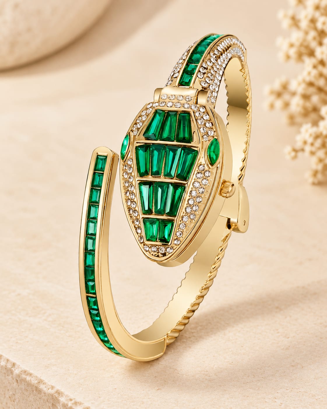 Green Serpent Crystal Gold Wrist Watch