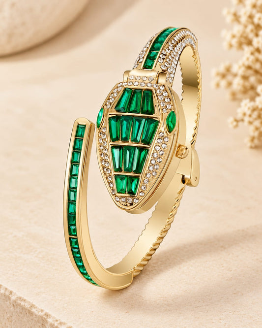 Green Serpent Crystal Gold Wrist Watch