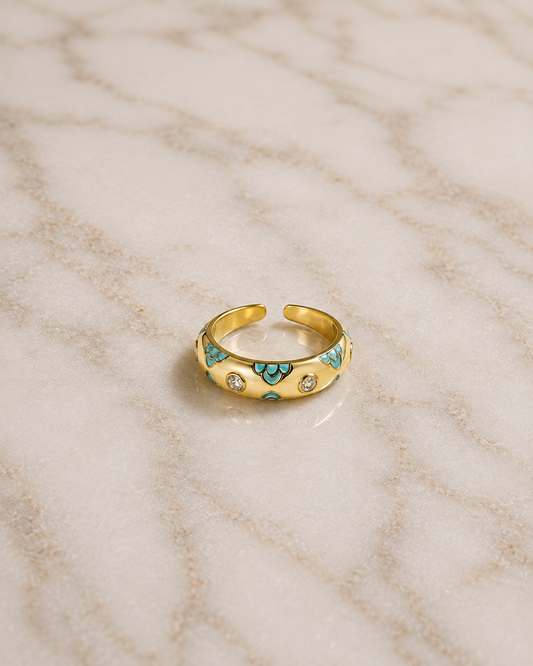 Cream Enamel Teal Crystal Ring
