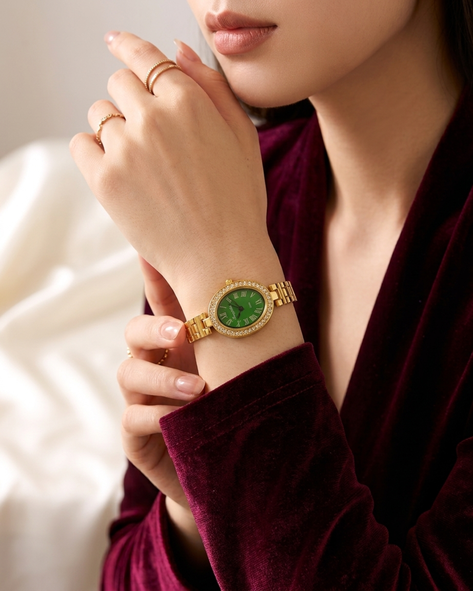 Green Oval Crystal Gold Wrist Watch
