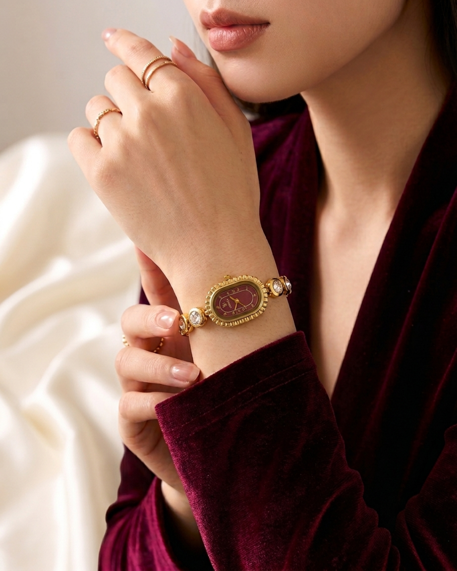 Burgundy Oval Crystal Chain Wrist Watch